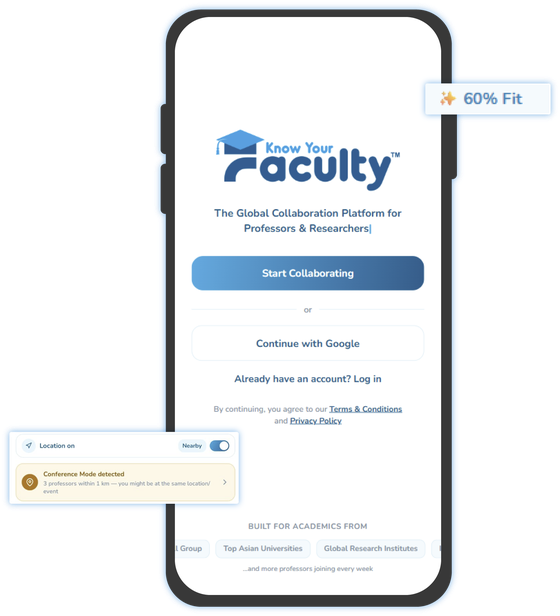 Know Your Faculty app — sign-in screen with a Collab Score fit badge and nearby conference detection
